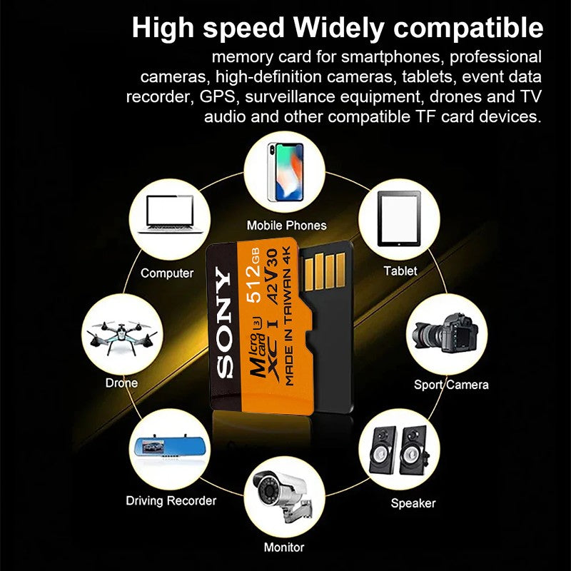 Cartão SD SONY de alta velocidade 2 TB V30 A2 4K 512 GB 256 GB 128 GB Cartão de memória Adaptador Micro TF SD de 1 TB para uso cruzado em smartphone/tablet/PC
