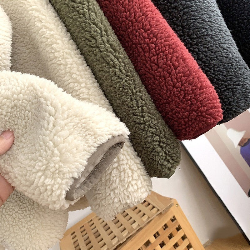 Autumn and Winter Japanese Men's and Women's Fleece Stand Neck Jacket Couple Zipper Loose Warm Lamb Wool Coat Solid Color Jacket