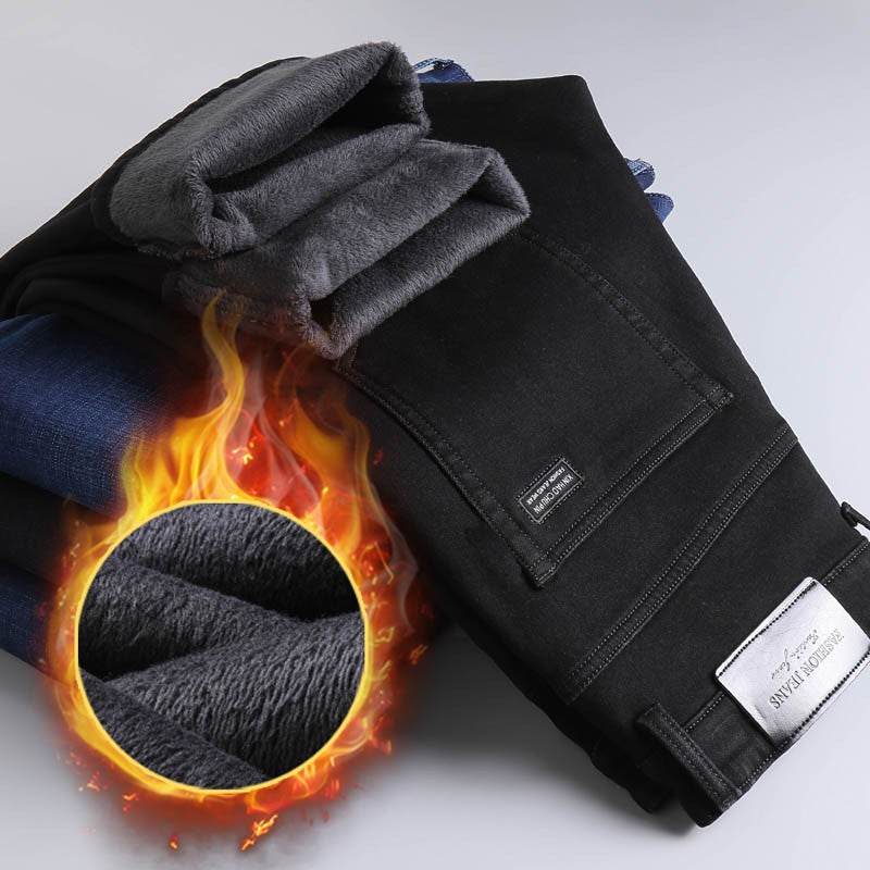 Calça Jeans Masculina de Inverno Slim Reta Elástica Jeans Casual Masculino Roupa Moda Calça Pelúcia Nova Moda Jeans Quente