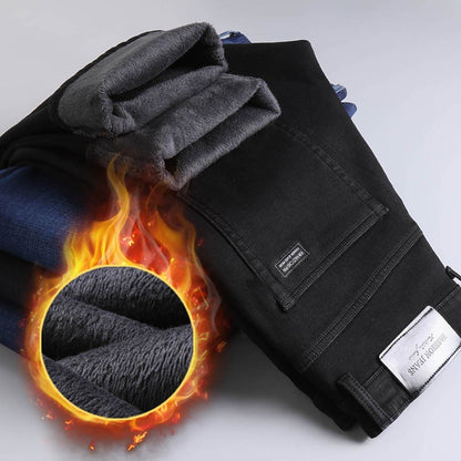 Calça Jeans Masculina de Inverno Slim Reta Elástica Jeans Casual Masculino Roupa Moda Calça Pelúcia Nova Moda Jeans Quente
