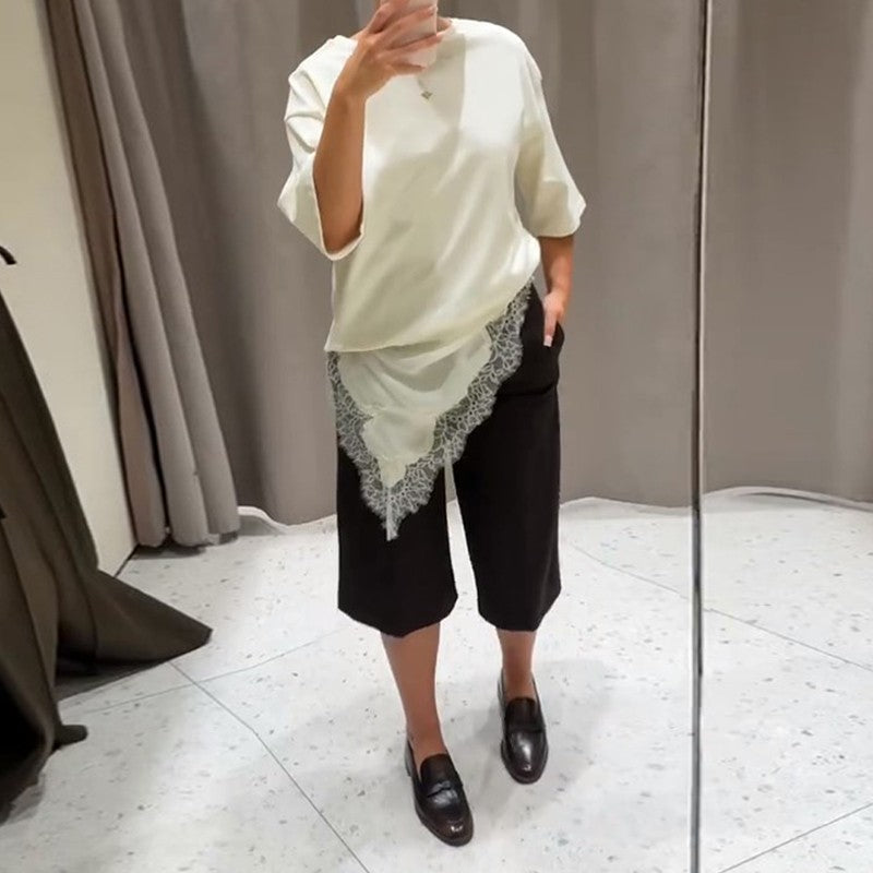 Fashion Lace Patchwork Mid Sleeve Tops for Women Elegant O Neck Loose Female T-shirt Spring New Lady Solid Shirts High Street