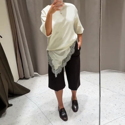 Fashion Lace Patchwork Mid Sleeve Tops for Women Elegant O Neck Loose Female T-shirt Spring New Lady Solid Shirts High Street