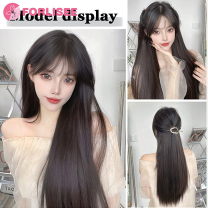 Aplique de Peruca Sintética de Quatro Peças Para Aumentar o Volume do Cabelo Peruca Longa Lisa Preta Fofa Peça de Extensão de Cabelo Invisível Sem Costura