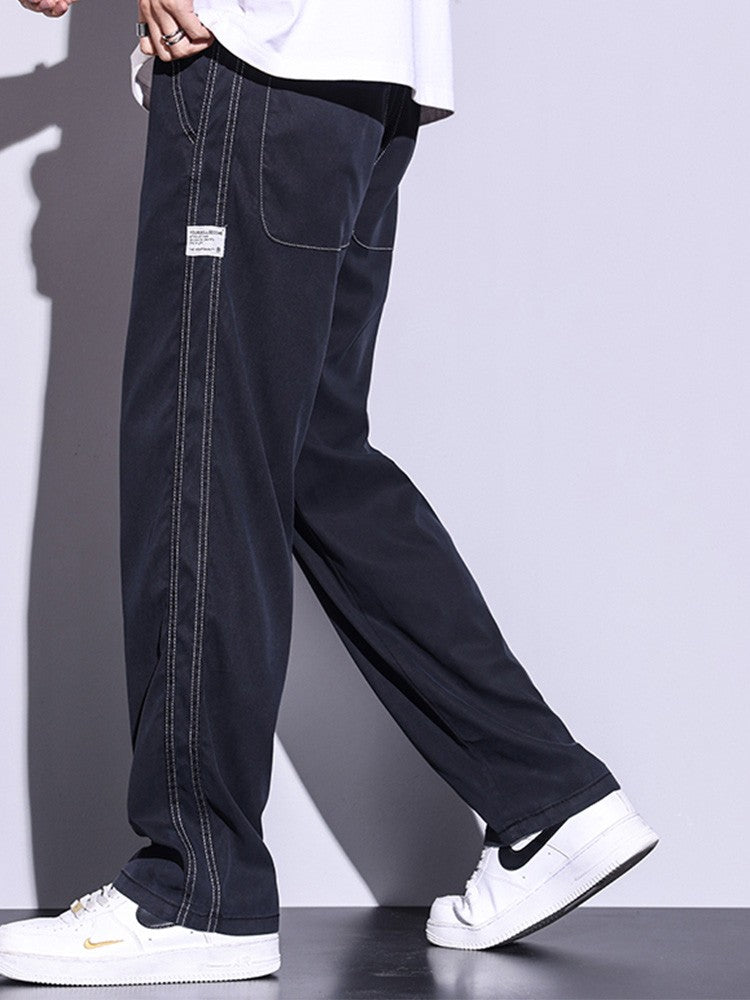 Calça Masculina de Verão Leve Fina Solta Reta Perna Larga Popular com Cordão na Cintura Elástica Coreana Tecido Lyocell Calças Folgadas
