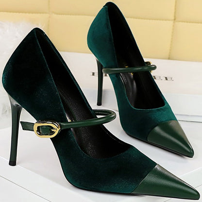Korean Version Party 10cm 7cm High Heels Women Shoes Thin Heels Velvet Shallow Montage Pointed Toe Metal One-line Buckle Pumps