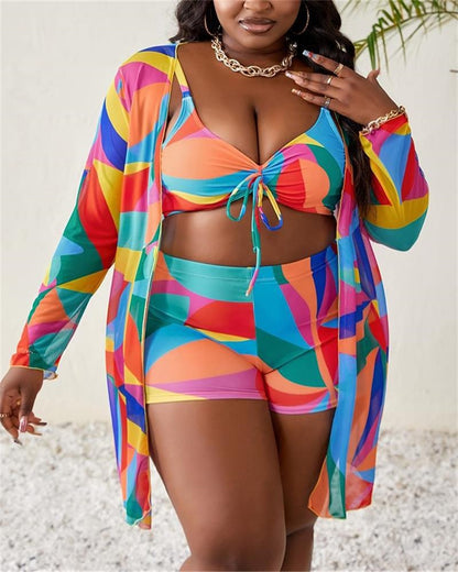 VigoBreviya 2025 Print 3 Piece Plus Size Mesh Cove Up Bikini Set Women High Waist Curvy Swimsuit Beach Lady Big Bathing Suit