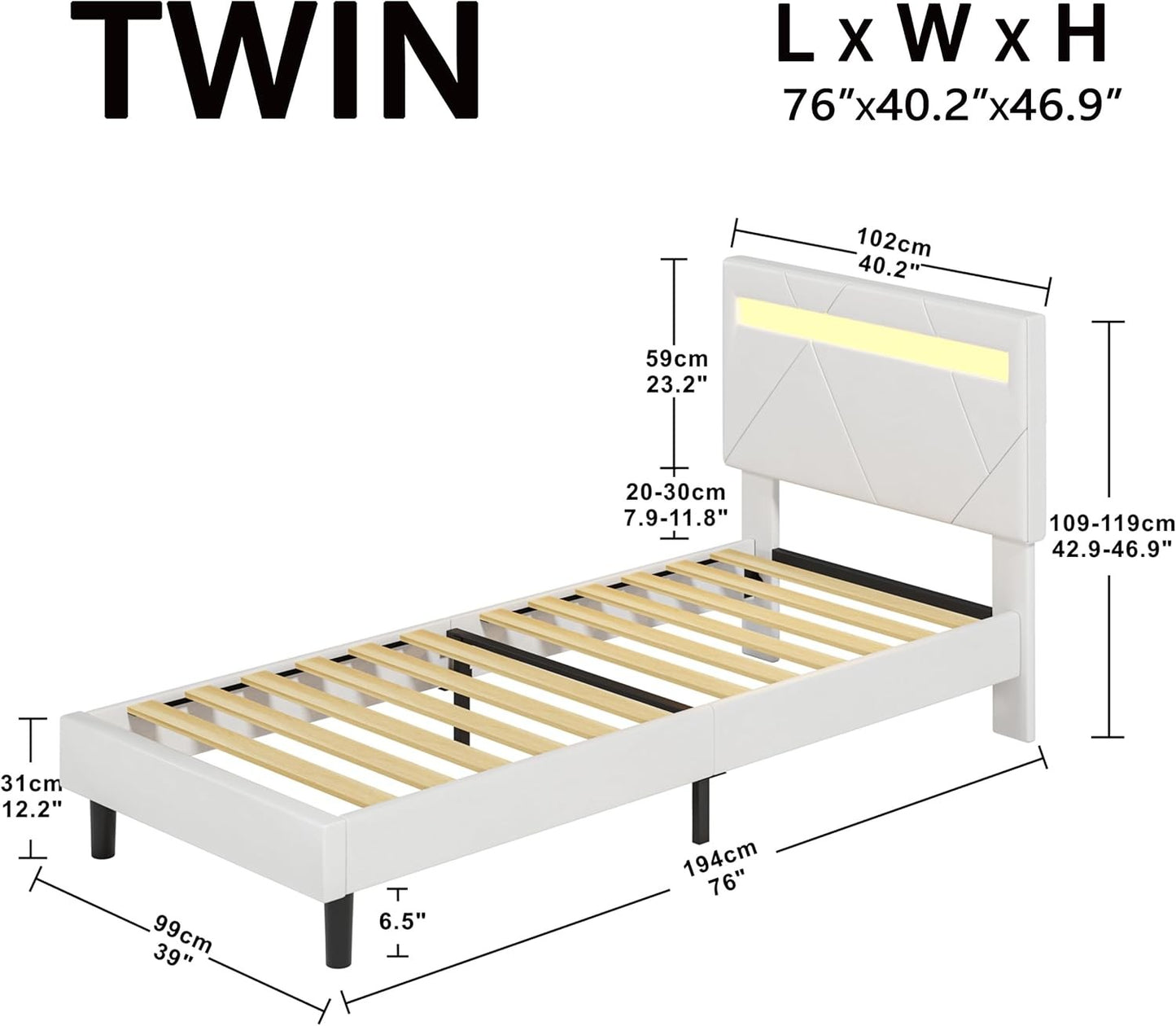 Estrutura de Cama de Solteiro com Luzes LED (Controle via APP Inteligente), Estrutura de Cama Plataforma Moderna Estofada, Não Precisa de Box/Livre de Ruídos