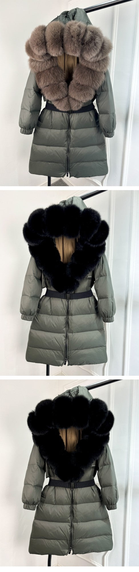 Janveny New Natural Thick Warm 90% White Duck Down Coat Long Winter Jacket Women Real Big Fox Fur Collar Belt Loose Puffer Parka