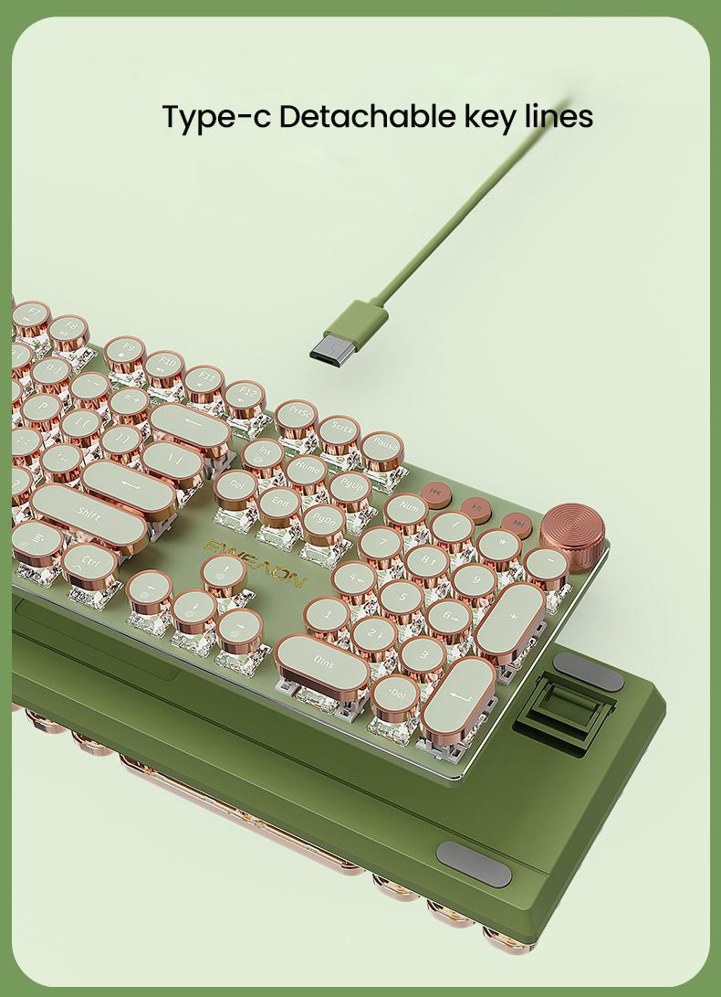 EWEADN V20 Punk Typewriter Teclado Mecânico para Jogos, 104 Teclas Redondas com Retroiluminação LED Branca, Design de Cabo Removível