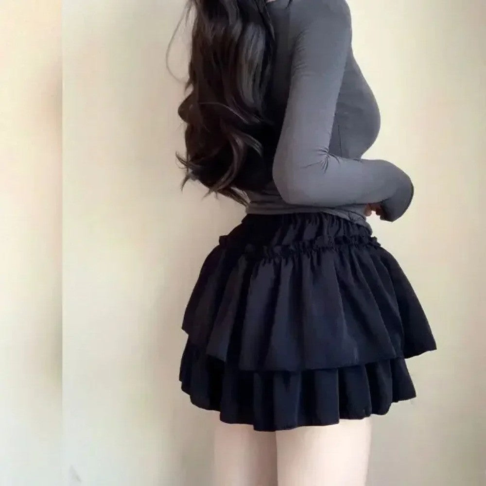 Summer Gothic Lace Tutu Skirt with Black Mesh Detail for Women Sexy Mini Tulle Skirt for Party Club Wear and Dance Elastic Waist