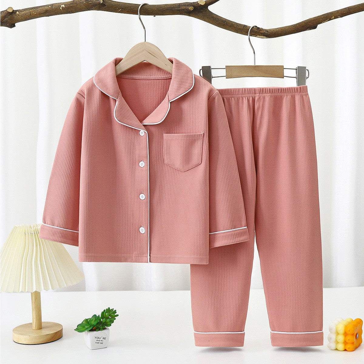 New Autumn Winter Kids Thermal Pajamas Set, Boys and Girls Fleece Long Sleeve Lapel Home Wear Two-Piece Outfit