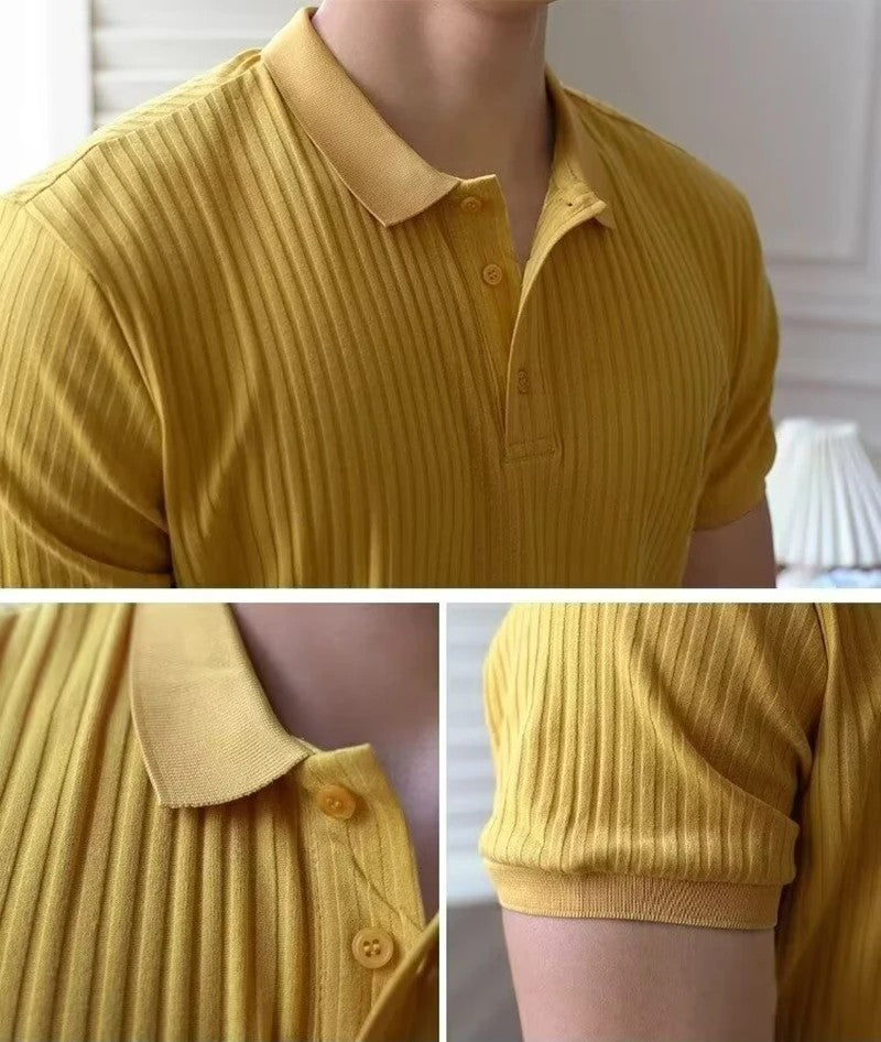 New Vertical Stripe Knit Polo Men's Shirts Summer Slim Solid Color Breathable Turn-Down Collar Business Short Sleeve Polo Tops