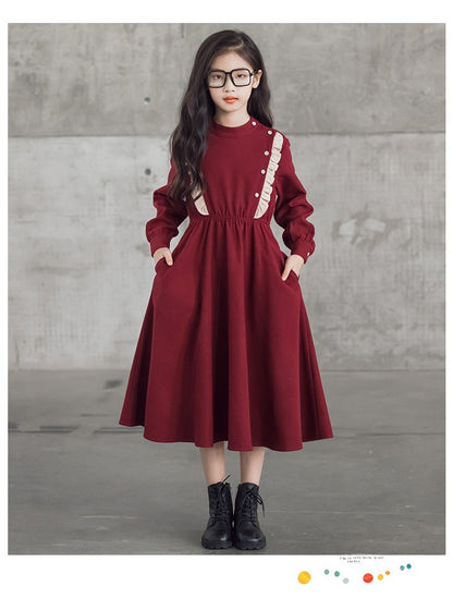 Girls' Dress New Style For  Children Stand Collar Waist-Cinching Slimming Mid-Length Dress Long Sleeve For Kids 5-12Y