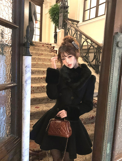 Vintage Black Wool Blends Coats Women Elegant Faux Collar Woolen Jacket Korean Long Sleeve Outerwears Winter Design Overcoat New