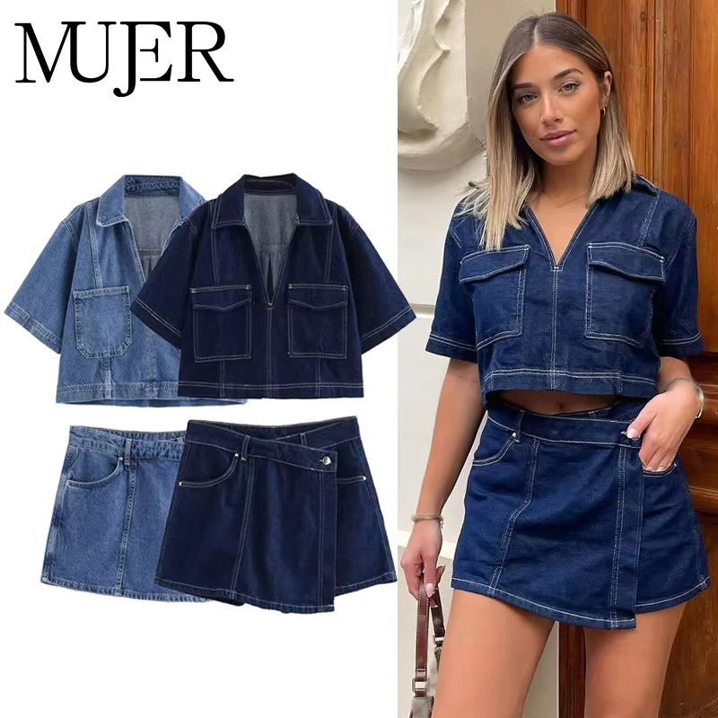 MUJER 2025 Women's Shirt Set Blue Denim Shirts for Women Summer Cropped Shirts and Blouses Woman Holiday Casual Shirts Women Top