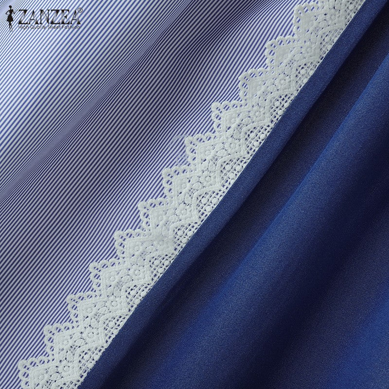 ZANZEA Plus Size Women Skirts Denin-Like Striped Patchwork Lace Trim Detail Lace-Up Elastic Waist A-Line Midi Skirt Casual Chic