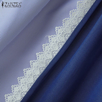 ZANZEA Plus Size Women Skirts Denin-Like Striped Patchwork Lace Trim Detail Lace-Up Elastic Waist A-Line Midi Skirt Casual Chic