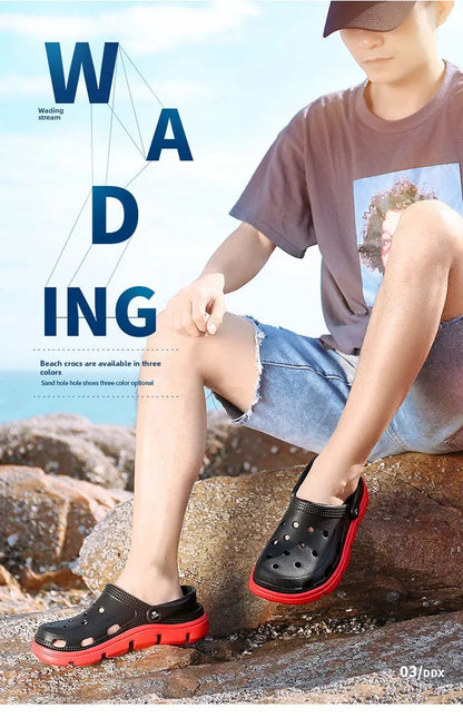 2024 Summer Plus Size Hollow Out Sandals Men's Breathable Slippers Trendy Thick Base Slip-On Beach Shoes Men's Footwear