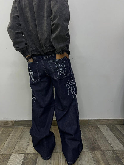 Retro Gothic Street Clothing Fashion Hip Hop American Loose Straight Wide Legs Women Line Harajuku Oversized Washed Jeans Men