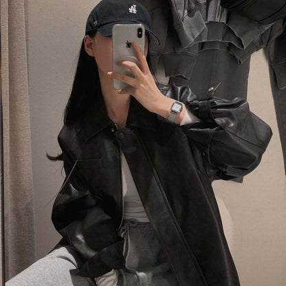 Sli Loose PU Leather Jaet Women's Chic Retro Collar Versatile BF Sle Motorcycle Clothes Trendy Long Sve Zipper