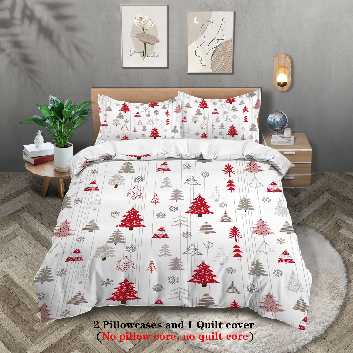 3-piece Christmas themed Christmas tree pattern print (1 duvet cover+2 pillowcases, no core) comfortable bedding set