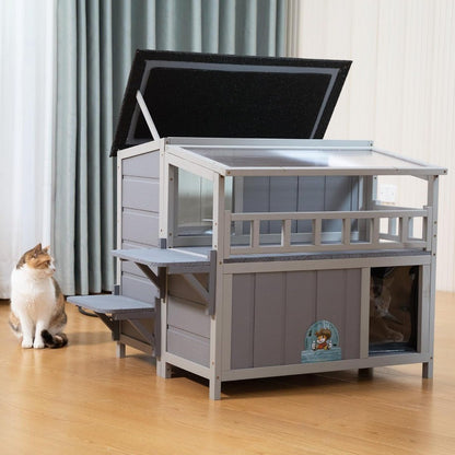 Casa de Gato Isolada Externa de 2 Andares Abrigo de Gato de Madeira Quente com Telhado Solar Varanda Plataformas de Salto Recinto para Gatos de Estimação