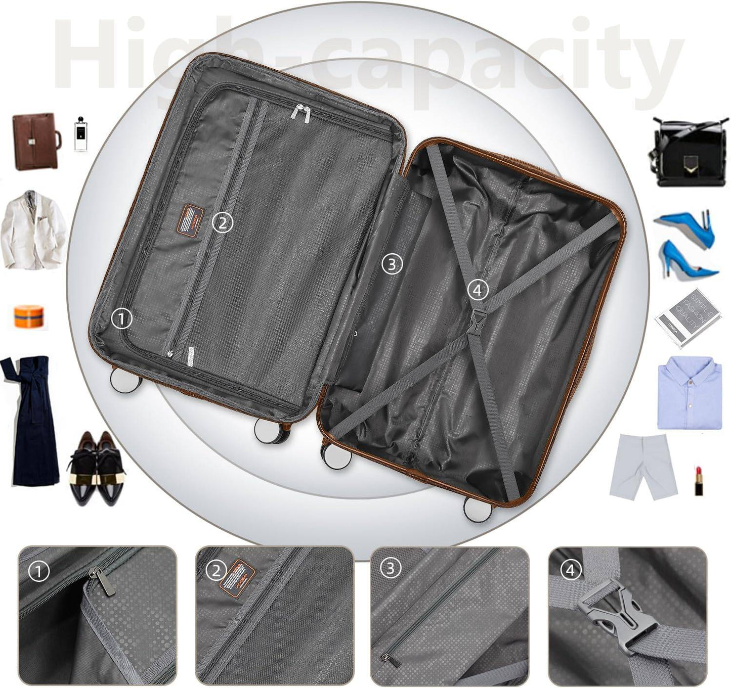 Conjuntos de Malas 6 Peças com Bolsas de Viagem, Malas Rígidas Expansíveis com Rodas Giratórias e Fechadura TSA, Grande Capacidade Creme