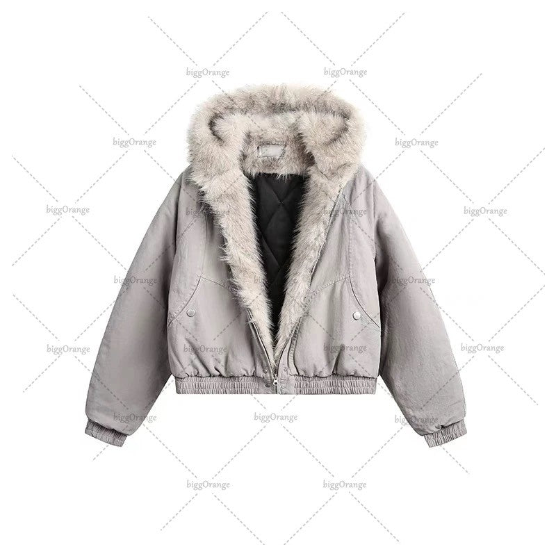 High Street Trendy Y2K Streetwear Parkas Punk Harajuku Retro Fur Collar Bomber Jacket Men Hip-hop Loose Casual Warm Coat Women