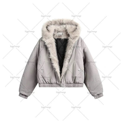 High Street Trendy Y2K Streetwear Parkas Punk Harajuku Retro Fur Collar Bomber Jacket Men Hip-hop Loose Casual Warm Coat Women