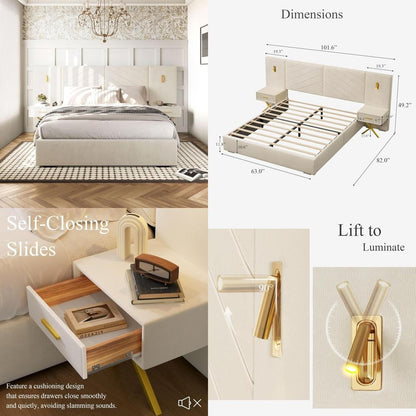 Cama Queen Luxo DEINPPA com Luzes LED Douradas Integradas e Criados-Mudos, Cama Plataforma Queen com Estofamento Grande