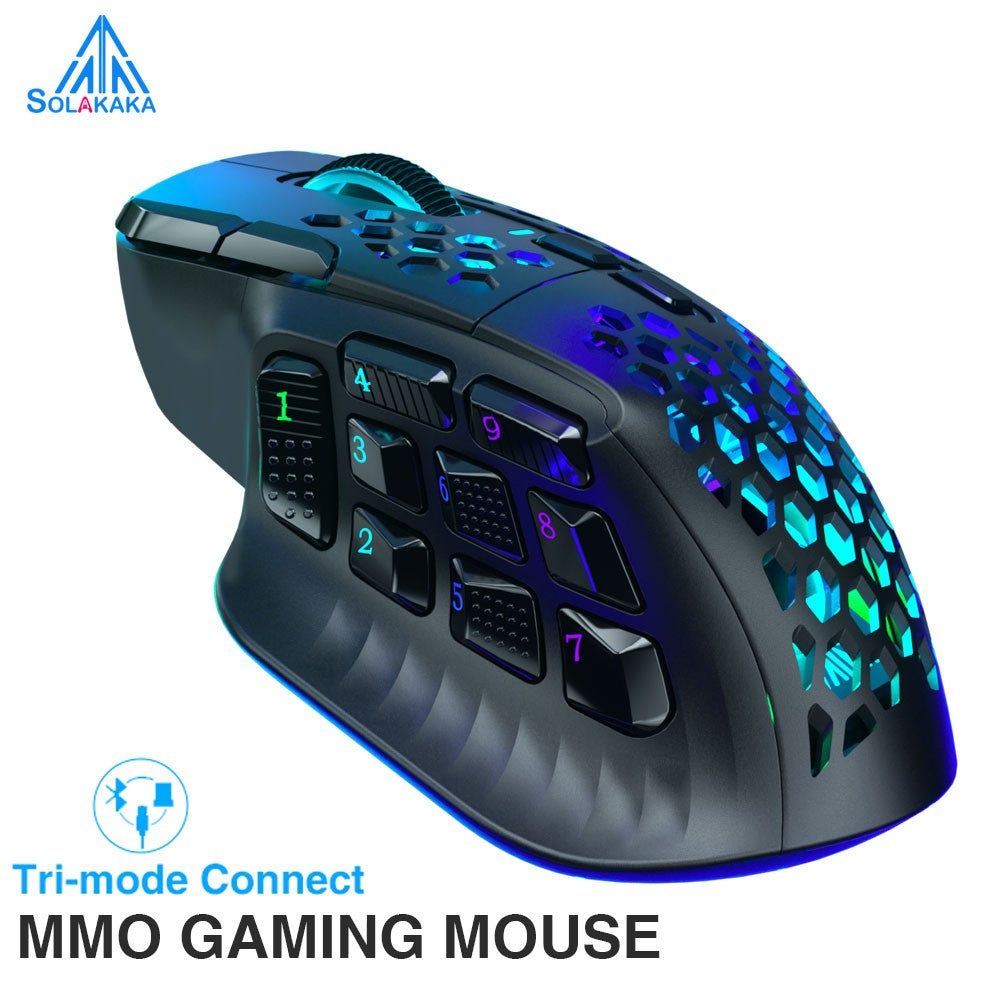 Mouse Gamer Sem Fio SOLAKAKA SM809 Pro MMO PAW3311 16 Botões Laterais 24000 DPI RGB Colmeia Macro Programável Mouse sem fio