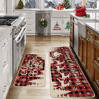 VIKAMA 2-Piece Christmas Festival Rug Set Kitchen Mat Combo, Entrance Hall Doormat Stain-Resistant and Easy-Care Home Decor