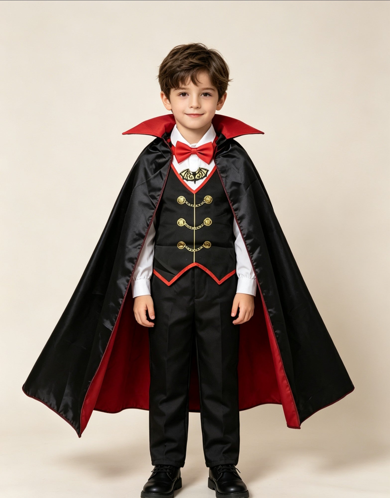 Kids Vampire Style Outfit with Cape, Children Black and Red Costume with Bow Tie