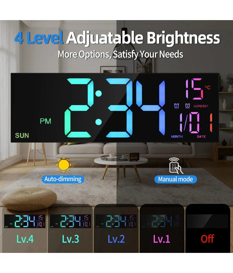 16.2'' Large Digital Wall Clock with Remote Control Big LED/Dual Alarm/8 RGB Colors Digital Alarm Clock Electronic Watch