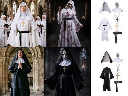 Nun Dress Halloween Costume for Women Scary Cosplay Mary Priest Dresses