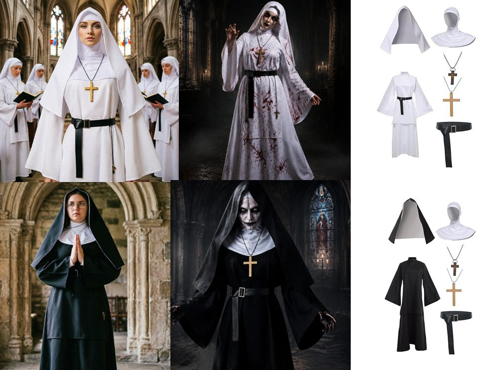 Nun Dress Halloween Costume for Women Scary Cosplay Mary Priest Dresses
