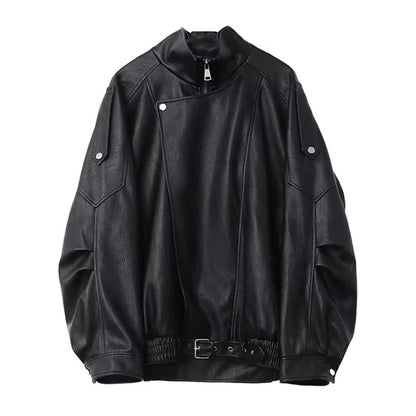 Mauroicardi Spring Autumn Retro Black Oversized Pu Leather Motorcycle Jacket Women Belt Zipper Luxury European Fashion 2025