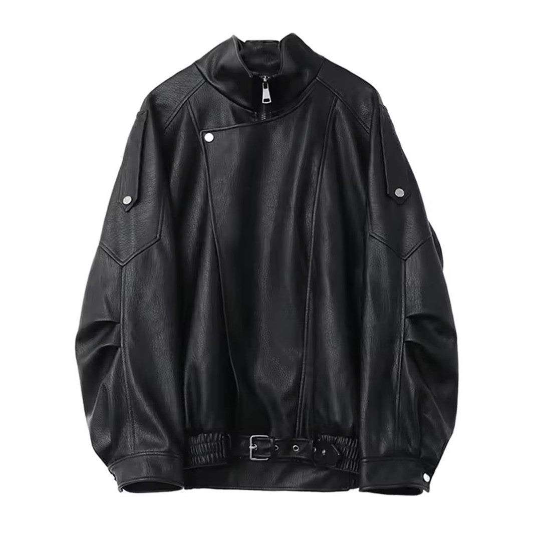 Mauroicardi Spring Autumn Retro Black Oversized Pu Leather Motorcycle Jacket Women Belt Zipper Luxury European Fashion 2025
