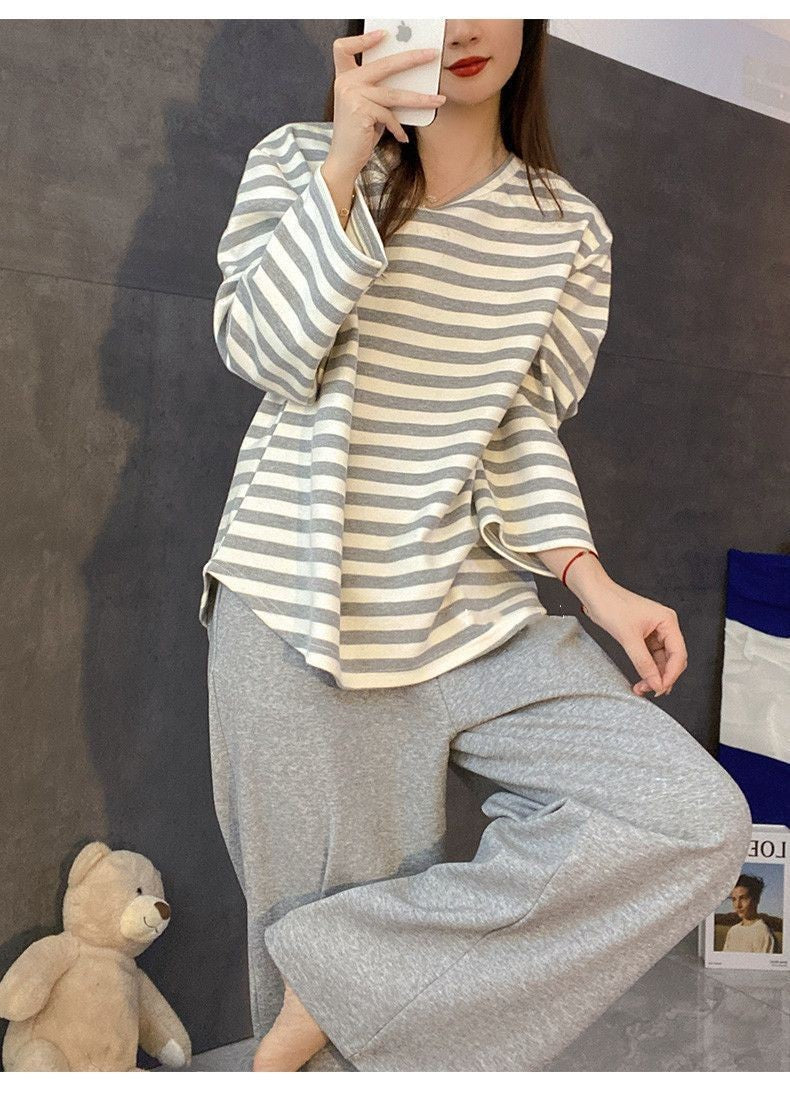 Women's Fall Pajamas with Chest Pads Striped Long Sleeve Plus Size O-Neck Simple Casual Fashion Korean School Pajamas Homewear