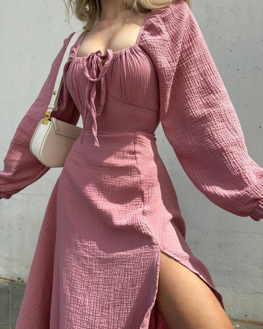 Lace-up Square Collar Sexy Dress Women Autumn Lantern Sleeve Solid Cotton Slit R