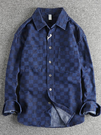 Spring Japanese Retro Long Sleeve Lapel Denim Plaid Cargo Shirts Men's High Street 100% Cotton Washed Loose Casual Thin Jacket