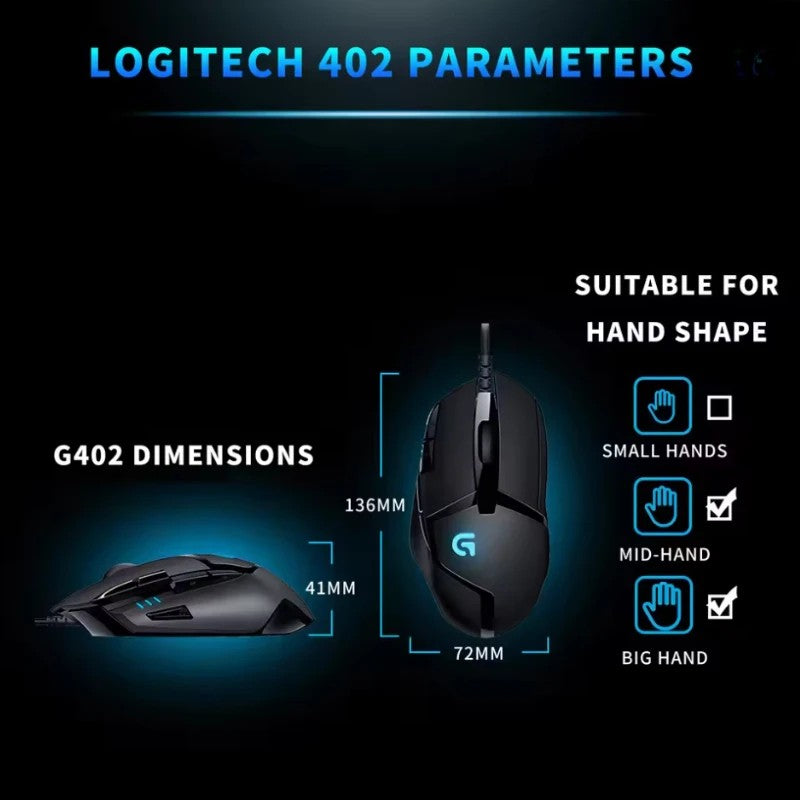 Mouse Gamer com Fio Logitech G402 com 8 Botões Programáveis, Fusion Engine de Alta Velocidade, Iluminação RGB, para Gamers de PC e Notebook