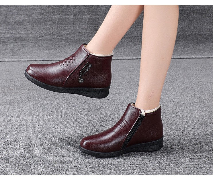 Leather Boots 2024 New Winter Middle-aged Flat Bottom Shoes for Women Soft Bottom Non-slip Wool Warm Cotton Shoes Women Boots