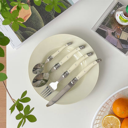Conjunto 6 Peças Talheres Laguiole Branco Prata Facas Garfos Colheres Bife Conjunto Polimento Espelhado Coleção Inox Talheres Natal Colher de Chá