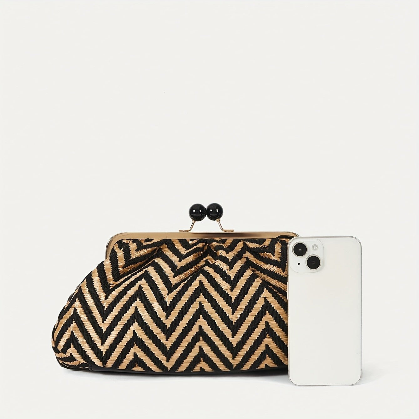 Women's New Elegant Striped Hand Bag Black Bead Buckle with Gram Removed Shoulder Strap for Weddings, Parties, Balls