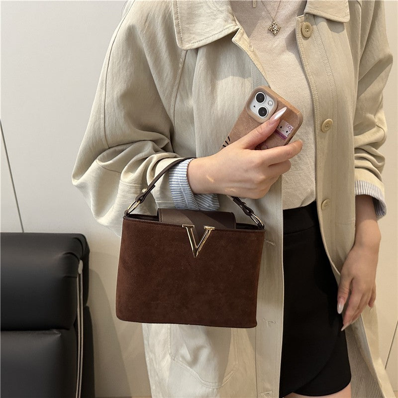 Fashionable Mini Suede Women's Bag, Faux Suede Tote Bag, Hardware Lock Buckle Decoration Handbag Purse Shoulder Cross Body Bags