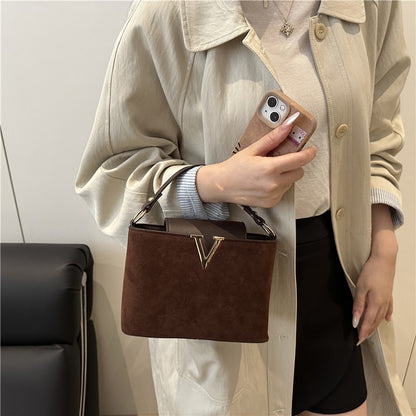 Fashionable Mini Suede Women's Bag, Faux Suede Tote Bag, Hardware Lock Buckle Decoration Handbag Purse Shoulder Cross Body Bags