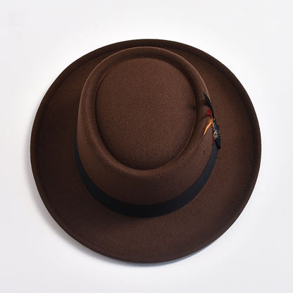 NEW Vintage Pork Pie Hat Mens Rolled Brim Felt Fedora Hat with Feather Gentleman Church Cap Trilby Jazz Hats