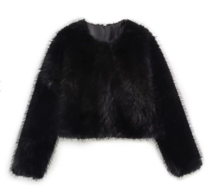 Faux fur jacket Traf   Fall/Winter New Fashion Women's Faux Fur Effect Round Neck Long Sleeve Short Jacket 2025