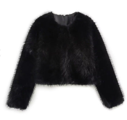Faux fur jacket Traf   Fall/Winter New Fashion Women's Faux Fur Effect Round Neck Long Sleeve Short Jacket 2025